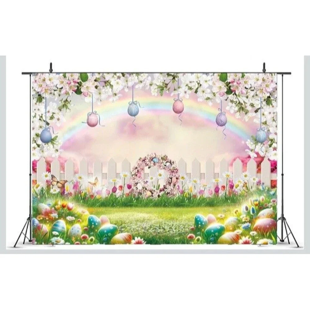 Spring Easter Backdrop Easter Eggs Fence Rainbow Floral Spring Garden Theme...